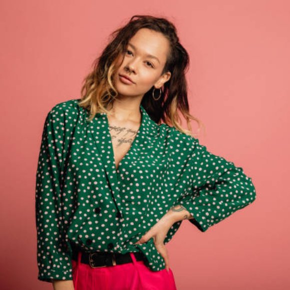 Topshop Green and Pink Polka Dot Blouse - Picture 1 of 5